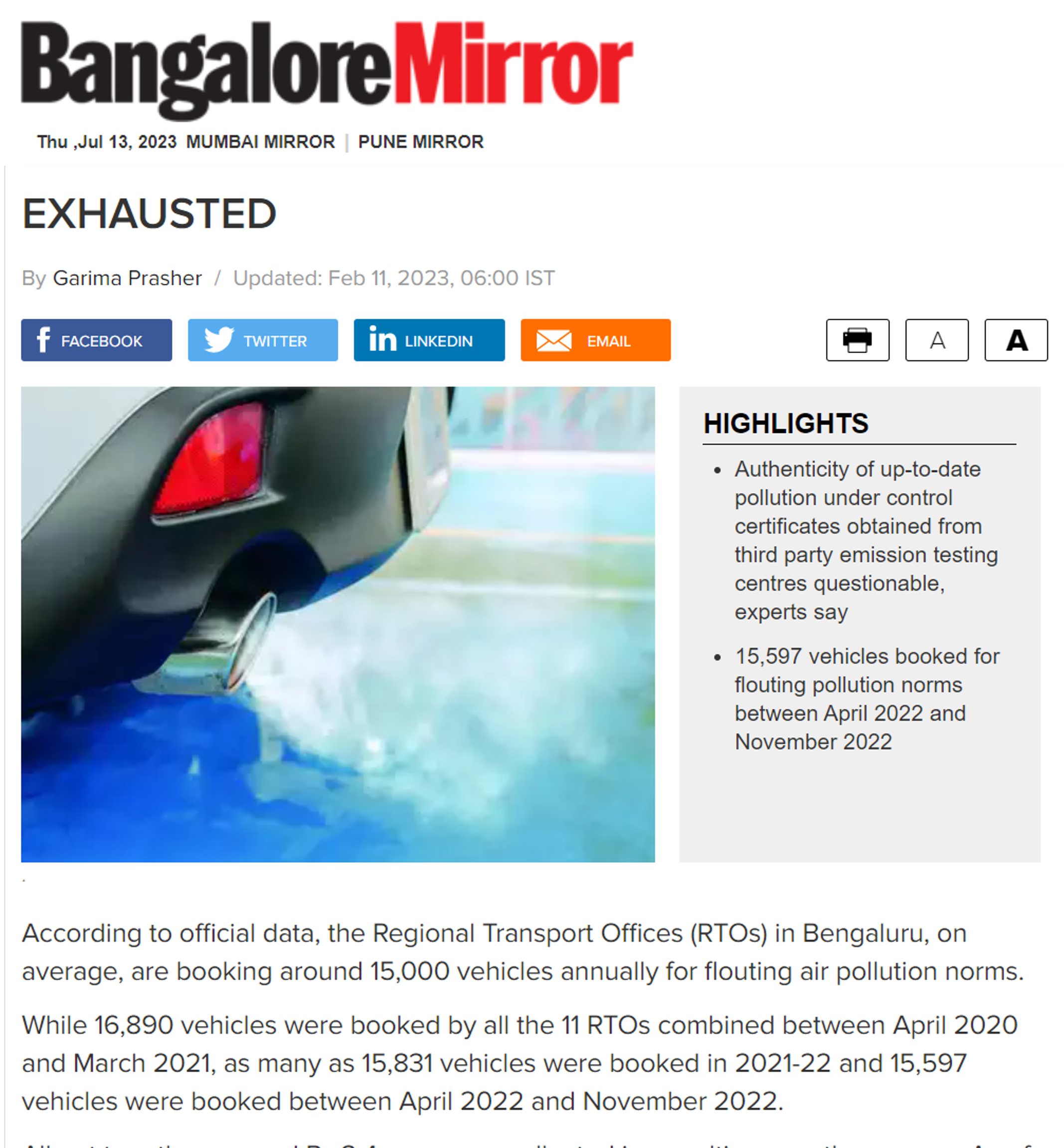 Dr Pratima Singh quoted by Bangalore Mirror on the issues with Pollution Under Control certificates